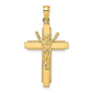 Million Charms 14K Polished w/ Beaded Edge Crucifix Necklace Charm Pendant
